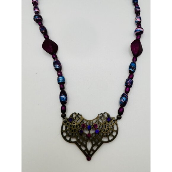 Heart Pendant Bead Purple Blue Gold Tone Necklace 18” - Picture 2 of 5